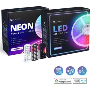 Lideka® - NEON RGBIC LED Strip 3 Meter + RGB LED Strip 15 Meter - IP68 Voor Buiten - Zelfklevend met afstandsbediening En App - Smart LED Strip - Compatible met Google Home, Amazon Alexa En Siri