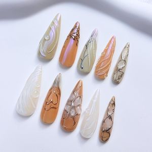 Press-On Nails - Handgemaakte Press-On Nagels - Oranje Lange Almond Nagels - Gleam Waves - Maat L