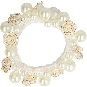 Haarsoires Haarelastiek – Bedekt met Parelkralen & Roos Bloemenkralen – Goud Wit
