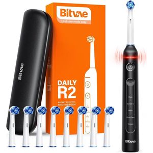 Roterende elektrische tandenborstel voor volwassenen met 8 opzetborstels en reiskoffer – 5 modi, drukindicator en 30 dagen batterijduur