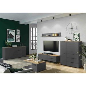 Dressoir Amalfi Eiken Grafiet - Breedte 151 cm - Hoogte 98 cm - Diepte 40 cm - Met lades - Met planken - Met openslaande deuren