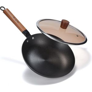 Gietijzeren koekenpan 26 cm, 10,24 inch pan met houten handvat, gietijzeren koekenpan geschikt voor gasgrill, inductie en alle kookplaten