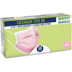 Merbach mondmasker roze 3-lgs IIR oorlus- 500 x 50 stuks voordeelverpakking