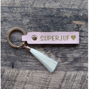 Sleutelhanger - Leer - Bedrukt - SUPERJUF - Juf - Cadeautje - Keychain - Einde schooljaar - Roze