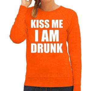 Fun sweater - kiss me I am drunk - oranje - dames - Feest outfit / kleding / trui / Koningsdag/ Nederland/ EK/ WK M