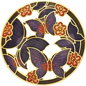Behave® Dames broche rond paars zwart met vlinders en bloemen