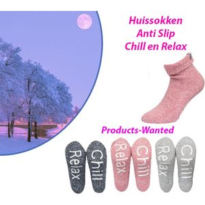 2-Paar Wollen Huissokken Anti Slip Chill en Relax in Rose en Donkergrijs-Maat 39-42