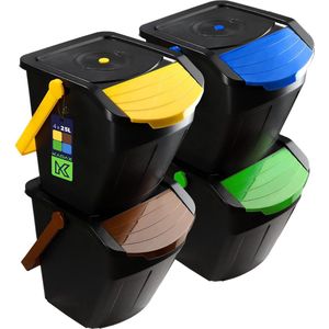 KADAX - Recycling-emmer, 25 liter afvalemmer/prullenbak met deksel - afvalemmerset voor gemakkelijke afvalscheiding, afvalverzamelaar, afvalscheider voor biologisch afval, papier, glas - 4x25L
