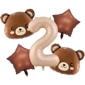 5-delige folie ballonset 2 met 2 bruine beren en 2 bruine sterren - 2 - verjaardag - beer - bear - folie - ballon - ster - bruin