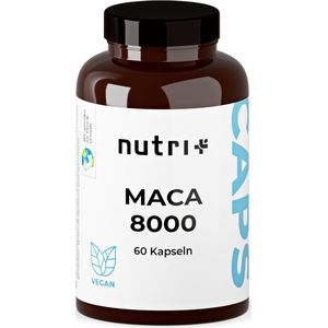 nutri+ Maca Capsules Gold 8000 - hoge dosering + veganistisch - Origineel 20:1 Premium Extract (Wortelpoeder) - getest in het laboratorium voor mannen & vrouwen - 60 Capsules