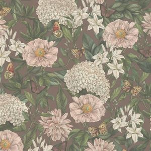Bloemen behang Profhome 394263-GU vliesbehang hardvinyl warmdruk in reliëf licht gestructureerd met bloemmotief mat bruin roze donkergroen bordeauxpaars 5,33 m2