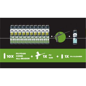 Pro-Fix PU Foam Combi All Season Pack – 10 Bussen PU Schuim, 1 PU Cleaner, 1 PU Schuimpistool – Voor Afdichten en Isoleren