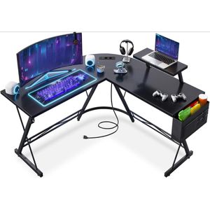 Gamingtafel 127x127 cm met Monitorplank 2 Stopcontacten en 2 USB Oplaadpoorten Zwart Ronde Hoek