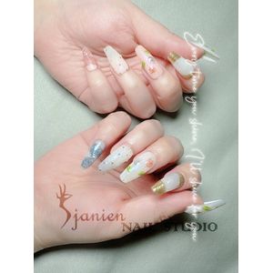 Sjanien Nail Studio Handgemaakte Nepnagels, Geschilderde tulpbloemen, Lange Coffin, 10 Stuks, Maat M