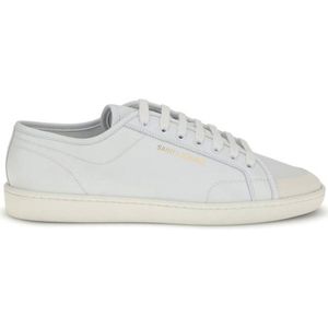 Lace-Up Calf Leather Gym Sneakers with Gold Signature - White
