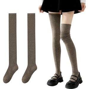 Overknee sokken - 100 cm lang - maten 36-40 - warme overknee sokken - hoge kniekousen - extra lange warme dikke katoenen gebreide sokken voor dames - effen overknee sokken - dijlengte - katoenen kniebeschermers voor dames in de herfst/winter - kaki
