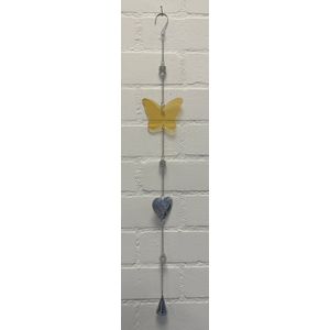 Deco hanger ""Vlinder"" met metalen ketting - glas + metaal - vlinder & hart+vlinder - Zilveren ketting + gele vlinder - lengte 76 cm - Woondecoratie - Woonaccessoires