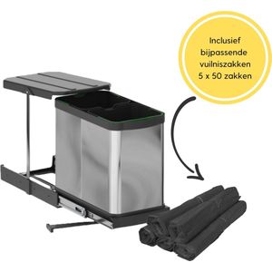 Emuca Afvalbak 2x12 Liter – Inbouw Prullenbak – Uittrekbare afvalemmer – Geschikt voor deurbreedte 28 cm, inbouwdiepte 46 cm & Kasthoogte 42 cm – RVS