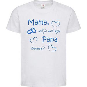 T-shirt Kinderen ""Mama, wil je met mijn papa trouwen?"" 2.0 | korte mouw | wit/blauw | maat 122/128 (S)