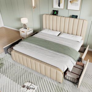 KOMHTOM Tweepersoonsbed met 4 laden 140x200 cm met gouden sierstrepen en USB Type-C oplaadfunctie Bed Beige linnen Hydraulisch campingbed