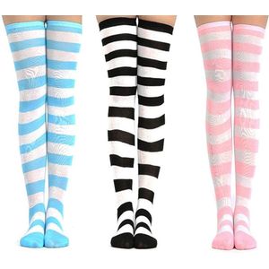3 paar - Kniekousen - Over de knie - Kousen - Strepen - Dijhoge sokken - - Schattige strepen - Set voor dames, tieners en meisjes - Blauw, roze, wit