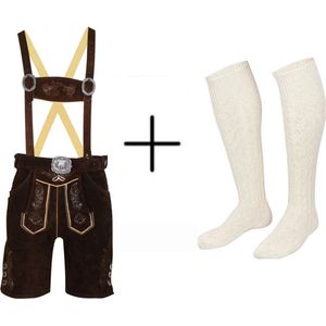 Bel Party Wears / Oktoberfest - Lederhosen - Rundleer - Donker Bruin - Riem + Bretels + Witte Sok ( 41-42) - Maat 60