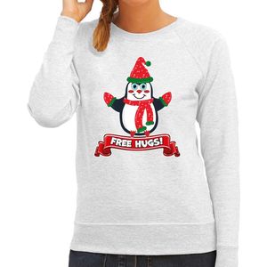 Bellatio Decorations Foute Kersttrui/sweater dames - free hugs - grijs - pinguin XXL