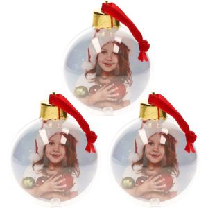 3x stuks DIY foto/fotolijst kunststof kerstballen transparant 8 cm - Kerstversiering/kerstboomversiering