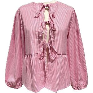 Dilena fashion Blouse cotton knotted, katoen streep strikjes roze