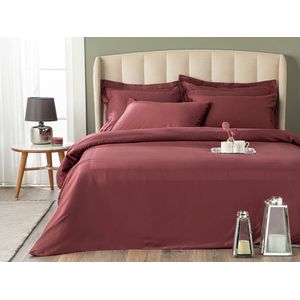 English Home Vivian Framed Cotton Satin Double 4 Pillows Plain Sheet Duvet Cover Set 200x220 cm Damson Luxe Dekbedovertrekset- Bordeaux- Rood