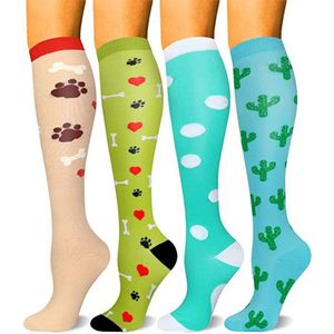 4 paar Interessante patronen compressiekousen voor dames en heren, kniekousen met aflopende ondersteuning voor reizen en vluchten(S-M)