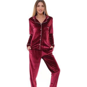 Fluwelen Dames 2- Delige -Pyjama- Luxe Pyjamaset- Nachtkleding Bordeaux Cadeau voor Vrouwen- Maat S