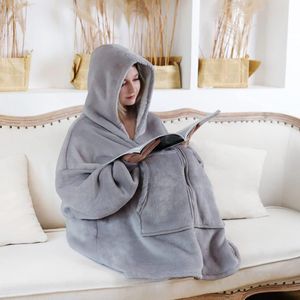 Fluffy Hoodie Sweatshirt Oversized Knuffelige Deken voor Volwassenen, Schattige Sherpa Pullover Hoodie Deken Grijze Deken One Size voor Dames Heren