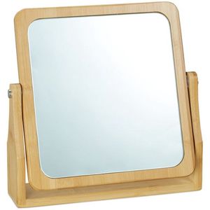 360° draaibare make-up spiegel vierkant - tafelspiegel HBD 27x26x7 cm - staand bamboe frame natuur