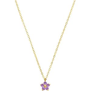 Lucardi - Dames Stalen Goldplated Ketting - Bloem - Zirkonia - Paars - 47 cm