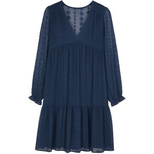Jurk Dames - Blouse jurk - Bohemian - Stijlvol & Elegant - Licht & Luchtig - V-Hals - Lange Mouwen - Kleur Navy - Maat S