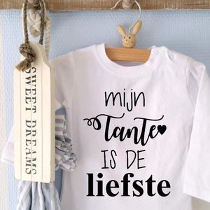 Baby Rompertje met tekst | Mijn tante is de liefste | lange mouw | wit met zwart | maat 74/80 | cadeautje zwangerschap aankondiging hoera je wordt ( weer ) geboorte geworden kraamcadeau neefje nichtje zwangerschapsaankondiging