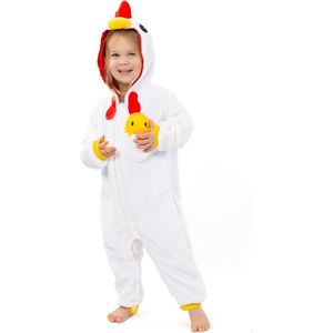 KIMU Onesie Kip Pakje - Maat 110-116 - Kippenpak Kostuum Wit Ei Pak - Kinder Zacht Fleece Jumpsuit Pyjama Jongen Meisje Festival
