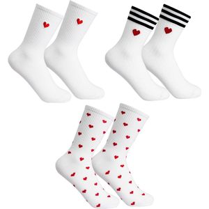 Dames katoenen sokken met hartmotief, 3-pack, maat 36-42, wit en zwart, grappige tennissokken, Valentijnsdag cadeau.