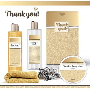 Geschenkset “Thank You!” - 4 producten - 700 gram | Giftset voor haar - Luxe cadeaubox collega - Wellness Giftset Bedankt geschenk - Cadeau Vrouw - Thanks - Moeder - Oma - Vriendin - Zus - Juf - Oppas - Oppasmoeder - Verzorgster - Kerst - Kerstpakket