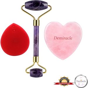 Demiracle® Face Roller & Gua Sha Love Bundle met Rode Siliconen Gezichtsborstel – Amethist – Rose Quartz – Face Rollers – Gezichtsmassage – Massagetools – Massage - Ontspanning – Kwaliteit