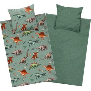 Dinosaurus flanellen beddengoed, 135 x 200 cm, katoen, ritssluiting, omkeerbaar kinderbeddengoed, dino-motief, warm, zacht en behaaglijk, groen