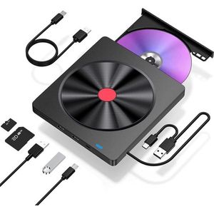 Portable Externe CD/DVD Brander Drive USB 3.0 - Extern CD-R DVD+RW Writer en SD/TF Card Reader - Station voor Mac OS Laptop - Windows 11/10 - Zwart