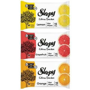 Sleepy Citrus Garden Vochtige Doekjes - Wet Wipes - Reinigingsdoekjes | 3 x 15 stuks - Citroen, Grapefruit & Sinaasappel | Hydraterende Reiniging