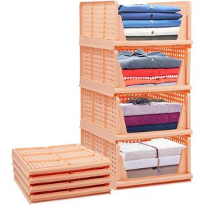 Set van 4 stapelbare opvouwbare opbergdozen voor kledingkasten, plastic kledingkastplanken, kastorganisatorbox, uittrekbaar als een lade, geschikt voor thuis, slaapkamer, keuken, roze.