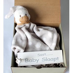 Minibox Duckie, kraamcadeau, knuffeldoek grijs eend, geboorte jongen en/of meisje