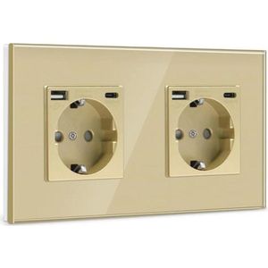Dubbele Schuko USB Stopcontact met Type C Poort en Glass Plate