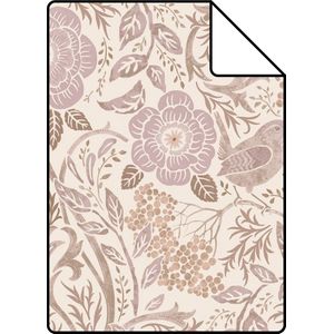 Proefstaal ESTAhome behang bloemen en vogels zand beige en lila paars - 26,5 x 21 cm - 139829-S