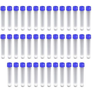 HUAZIZ 40 stuks reageerbuisjes, 10 ml, laboratoriumreageerbuizen van transparante kunststof, 10 ml, blauwe dekselmarkeringen met schaalverdeling