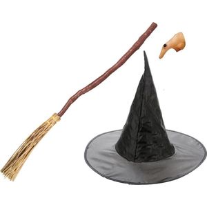 Halloween - Heksen verkleed accessoire set voor kinderen - heksenhoed - heksenneus - bezem